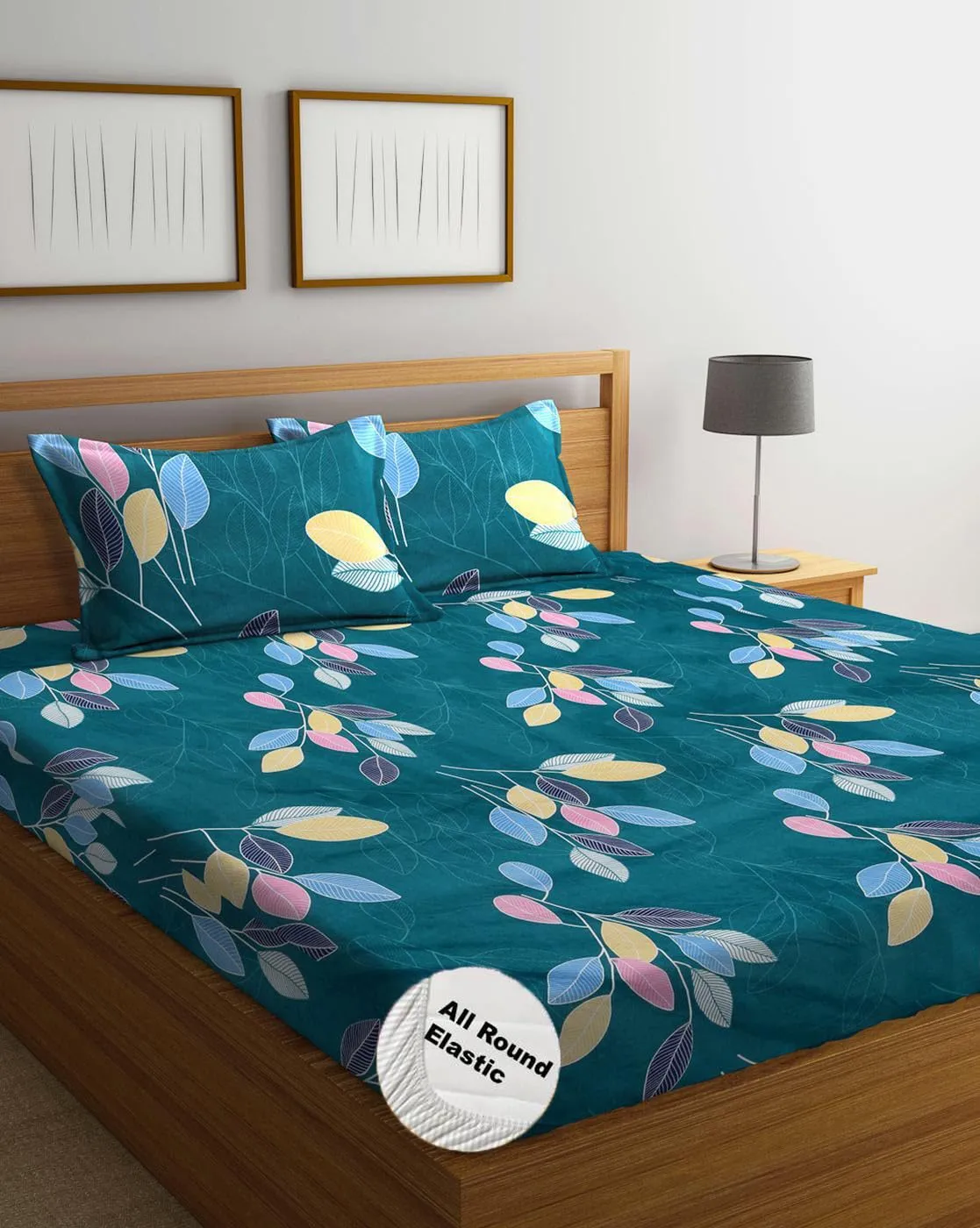 DECOMIZER Cotton Feel All Around Elastic Fitted Glace Printed King Size Double Bed Bedsheet with 2 Large Pillow Covers Fits Upto Mattress of 8 Inches,Size - 72 x 78 x 10 Inches, Green Leaves