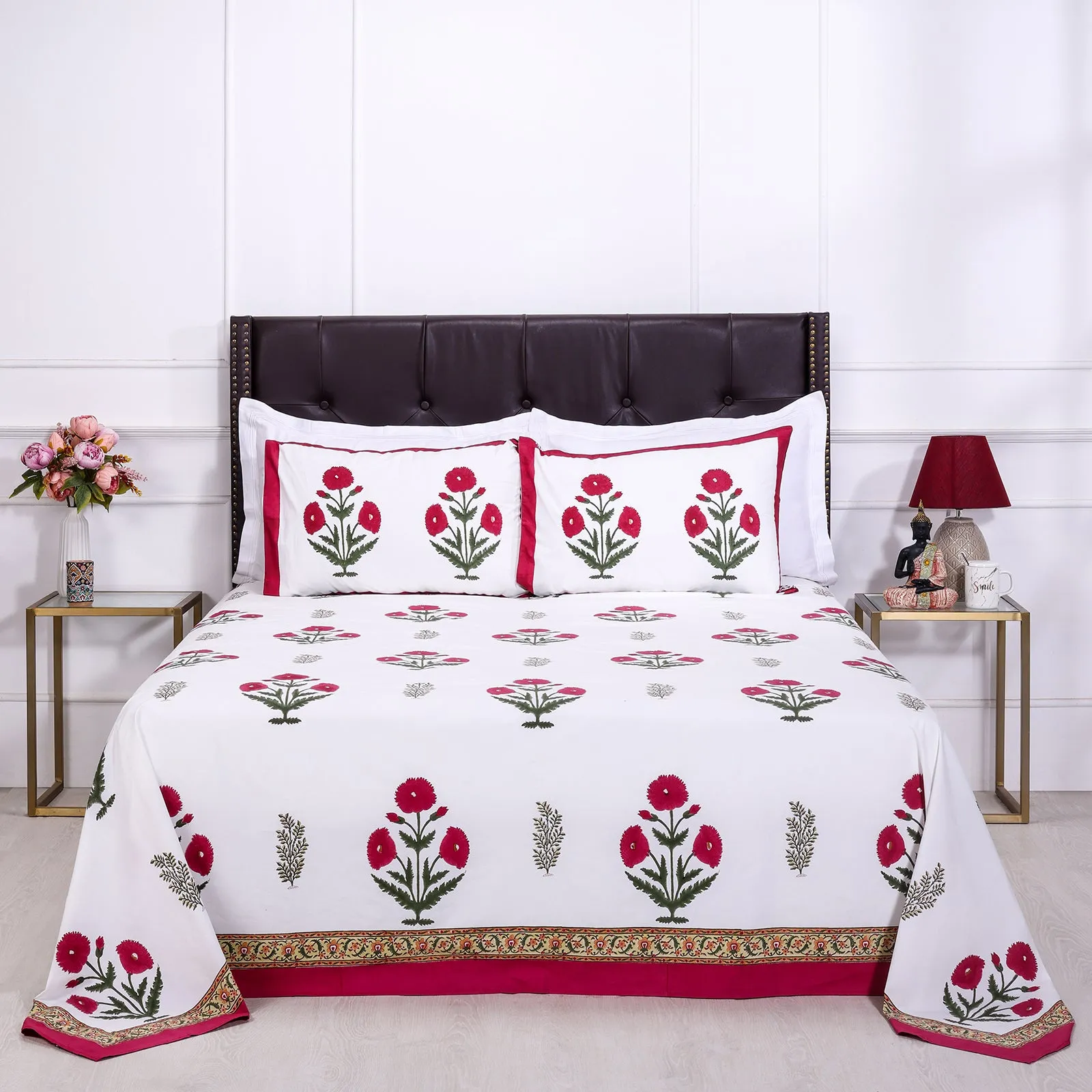 Dhatura Floral Dark Pink Cotton Percale Bedsheet