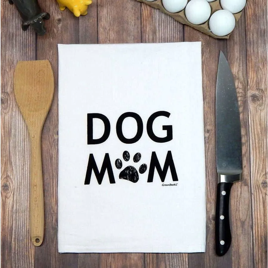 Dog Mom Handprinted White Flour Sack Tea Towel with Hanging Loop