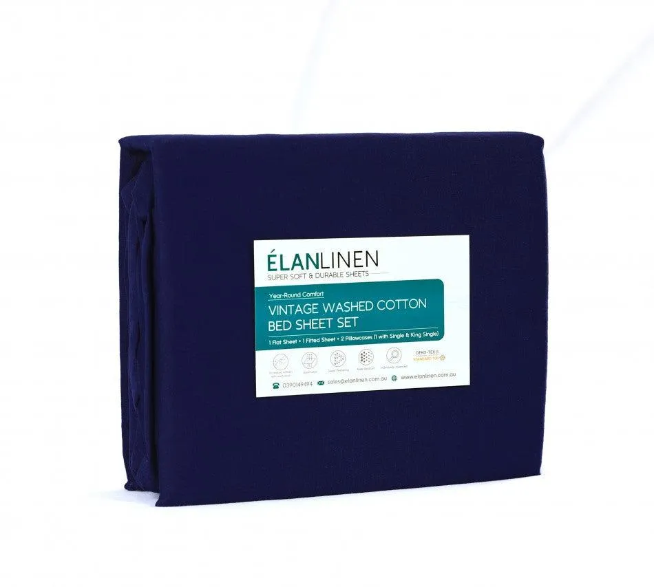 Elan Linen 100% Egyptian Cotton Vintage Washed 500TC Navy Blue King Bed Sheets Set