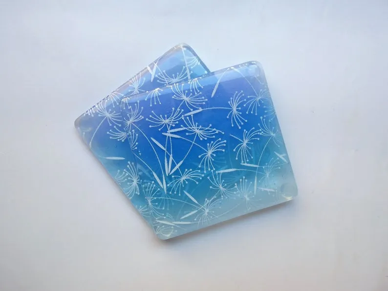 Eva Glass Design Blue and white dandelion clocks fused glass coaster (EGD  CCB)