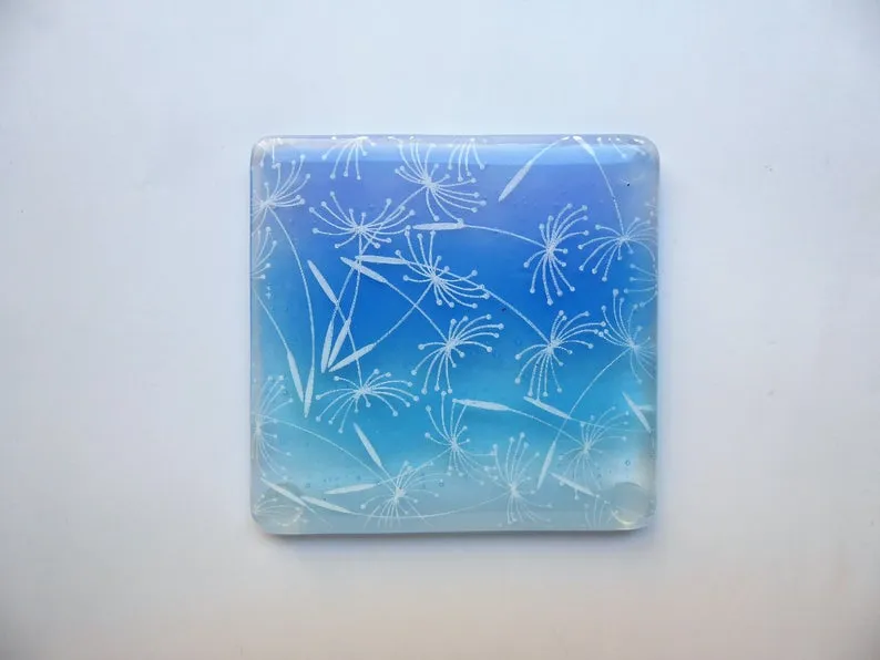 Eva Glass Design Blue and white dandelion clocks fused glass coaster (EGD  CCB)