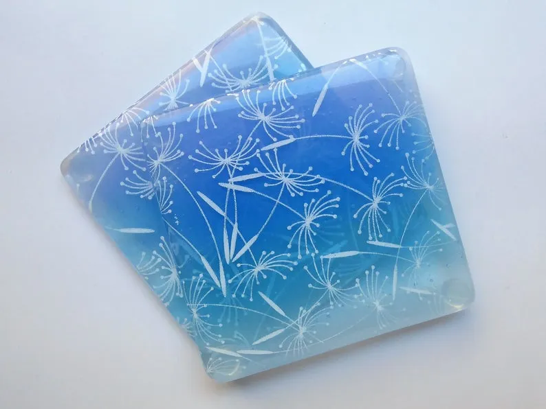 Eva Glass Design Blue and white dandelion clocks fused glass coaster (EGD  CCB)