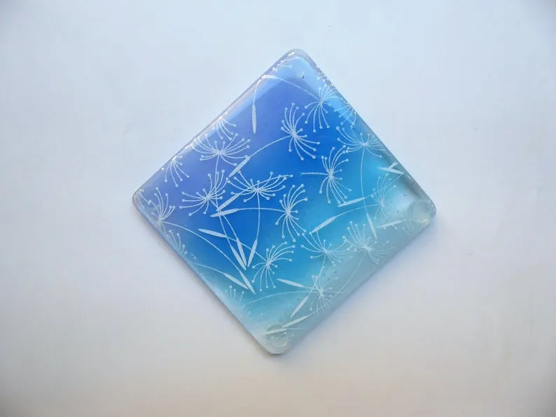 Eva Glass Design Blue and white dandelion clocks fused glass coaster (EGD  CCB)