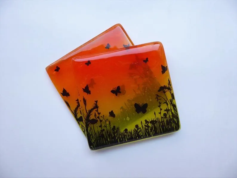 Eva Glass Design Orange and yellow butterfly meadow fused glass coaster (EGD  CBF)