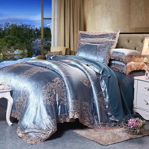 Fateena Silver Brown Luxury Satin Cotton Lace Duvet Cover Set