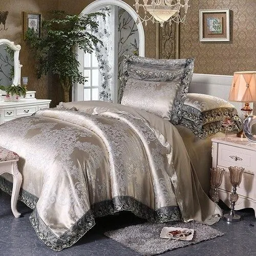 Fateena Silver Brown Luxury Satin Cotton Lace Duvet Cover Set