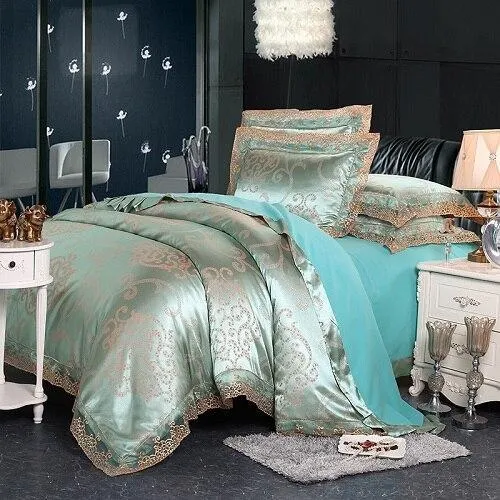 Fateena Silver Brown Luxury Satin Cotton Lace Duvet Cover Set