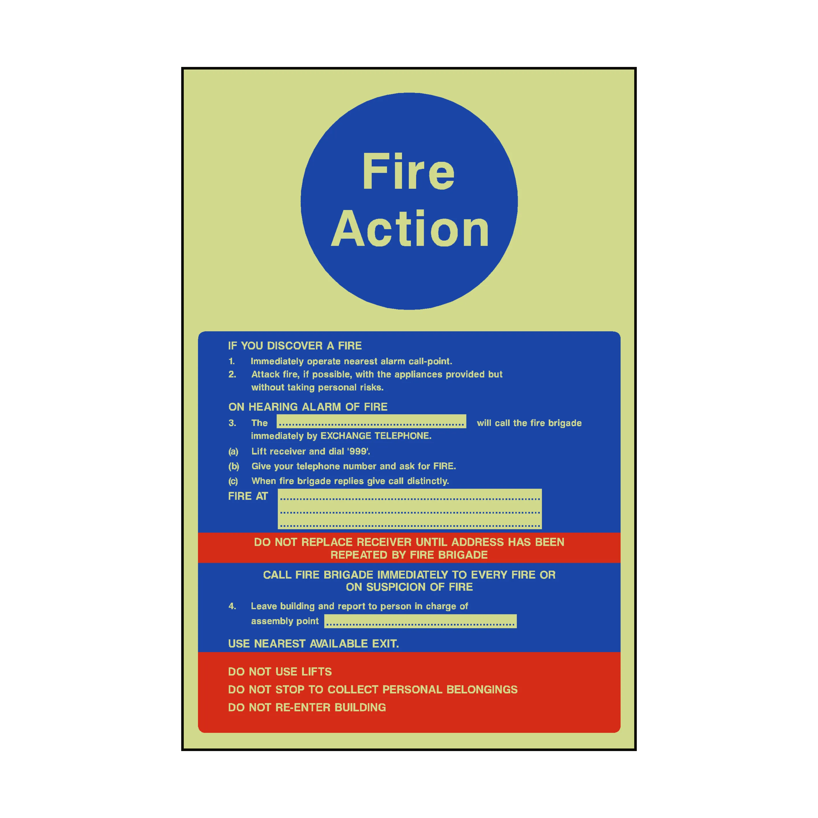 Fire Action Notice Version 2  Photoluminescent Sign