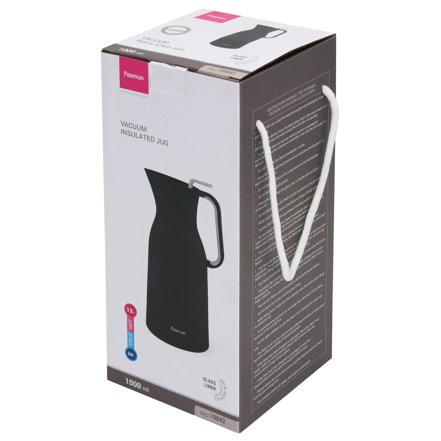 Fissman Vacuum Insulated Flask 1000 Ml Black With Pink Glass Liner