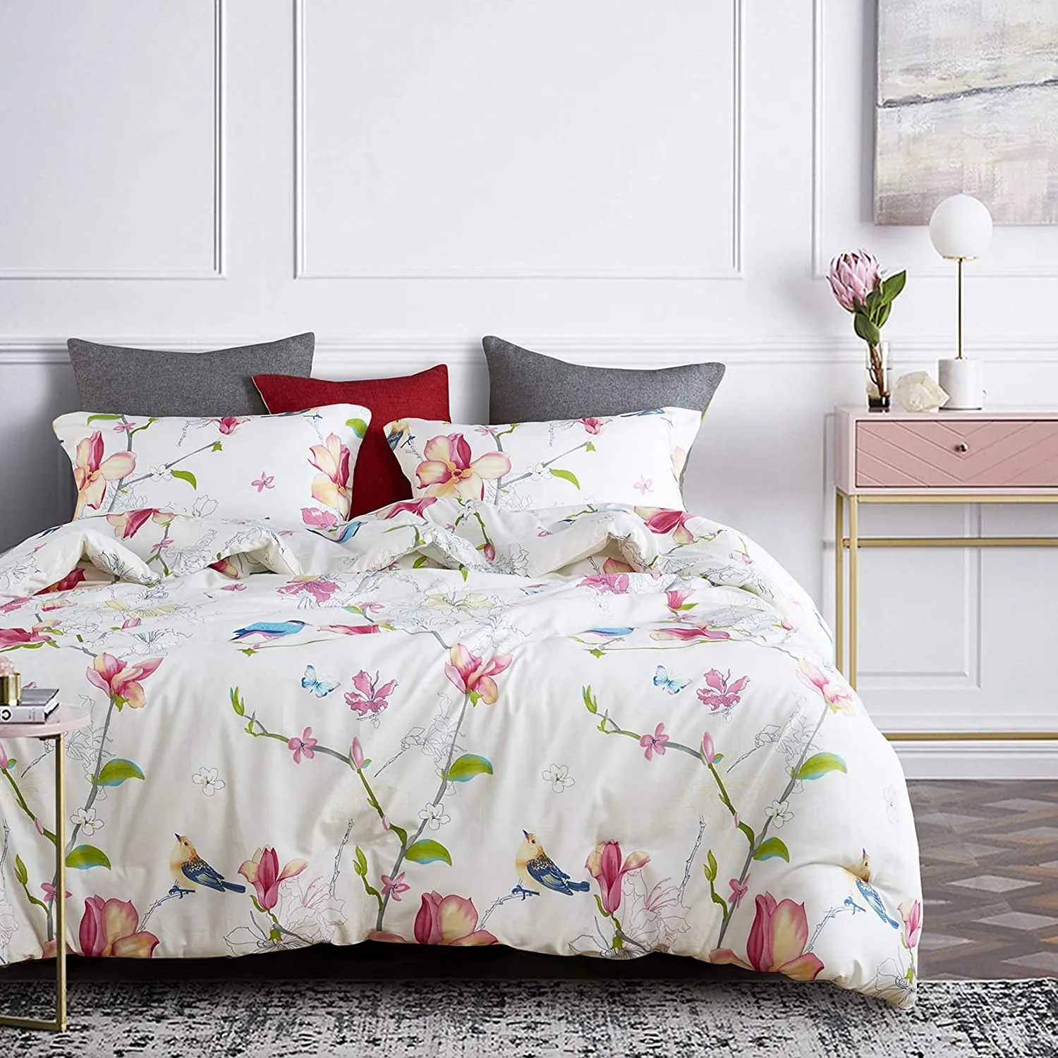 Floral Comforter Set, Botanical Flowers and Birds Pattern Printed,100% Cotton