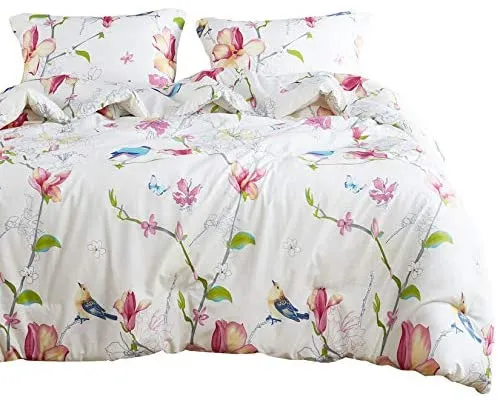 Floral Comforter Set, Botanical Flowers and Birds Pattern Printed,100% Cotton