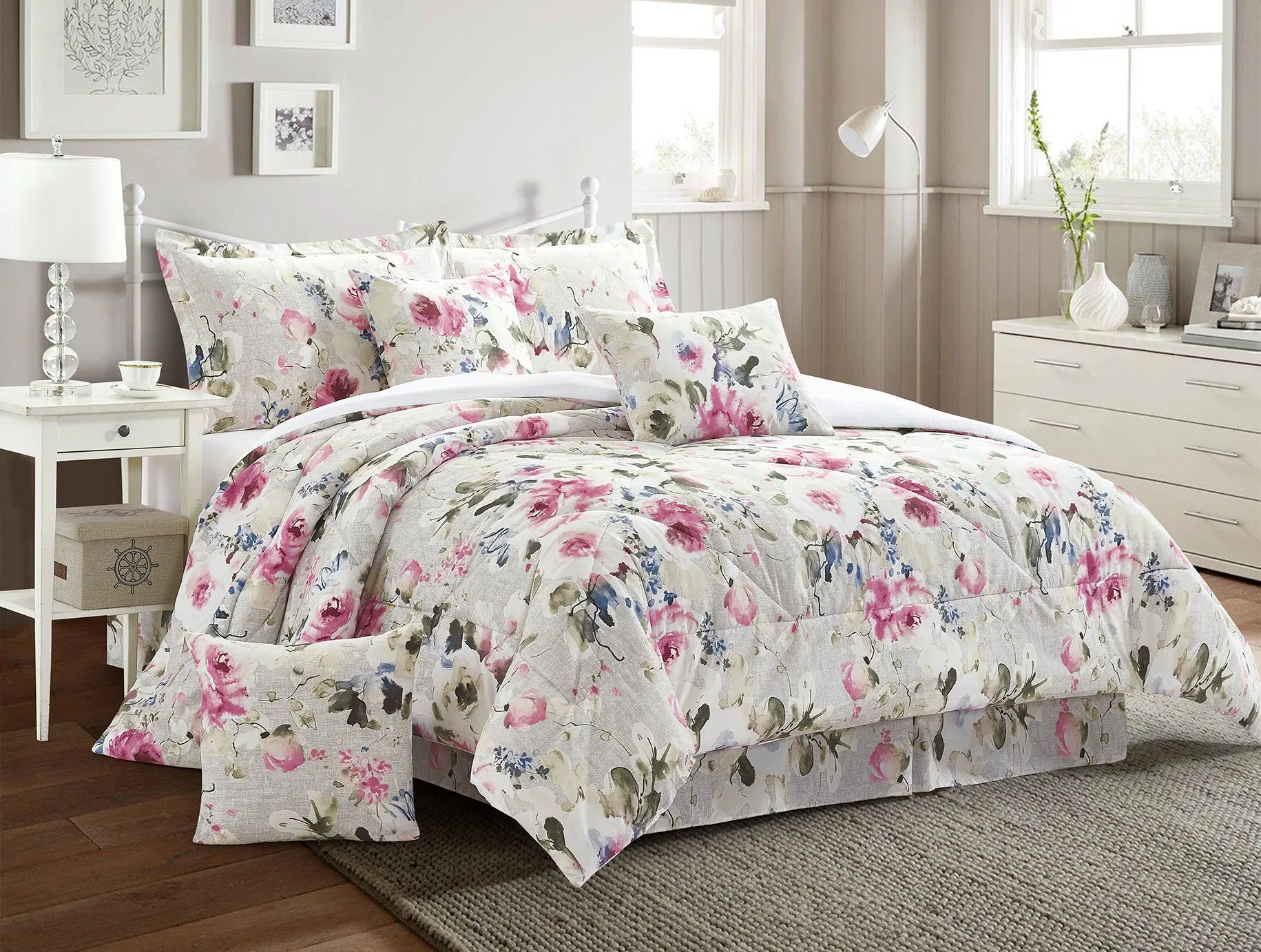 Floral Design Bedding Set 7 Piece Bedspreads Bed Skirt Comforter Set Pillowcases & Cushion Covers (A04)