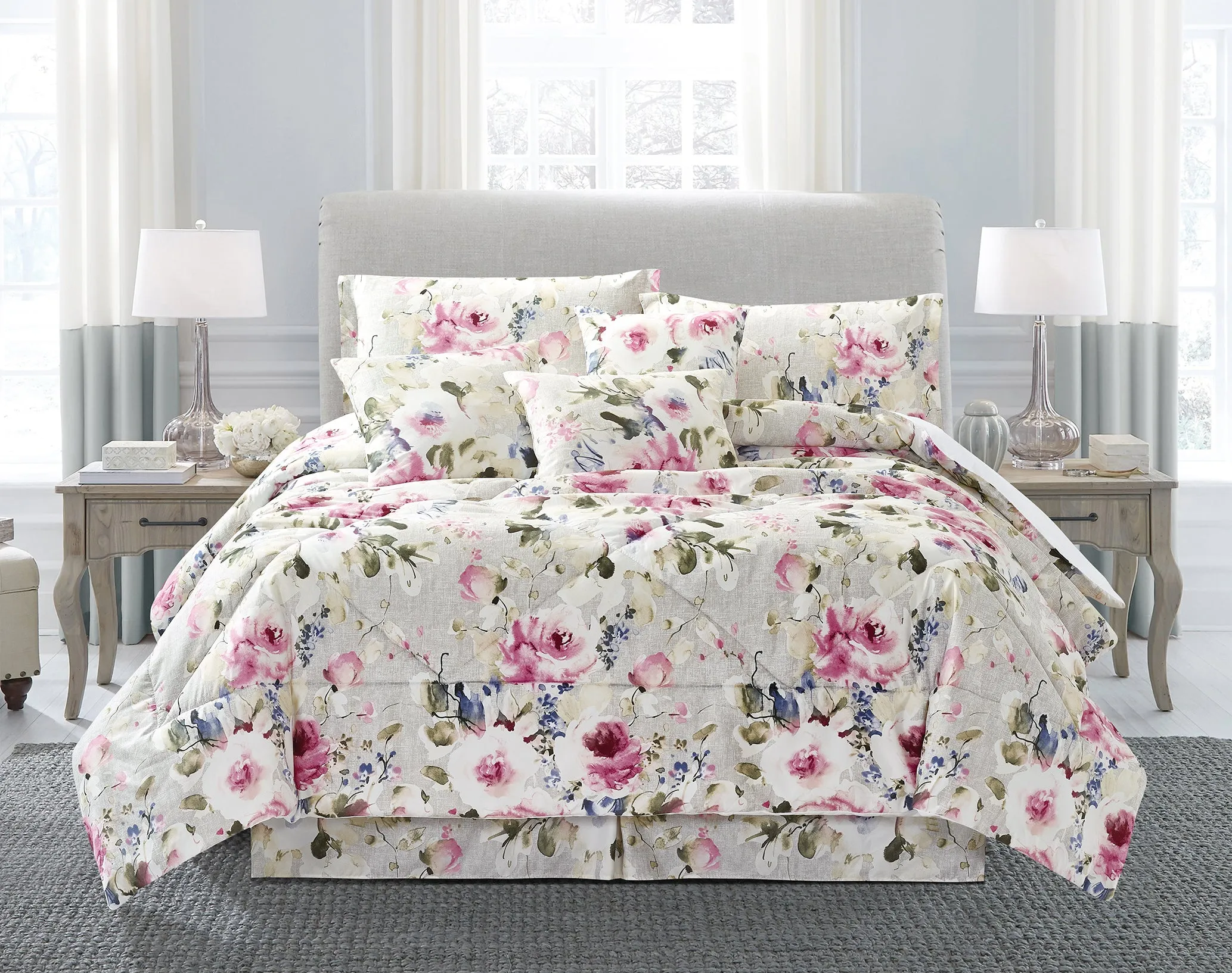 Floral Design Bedding Set 7 Piece Bedspreads Bed Skirt Comforter Set Pillowcases & Cushion Covers (A04)