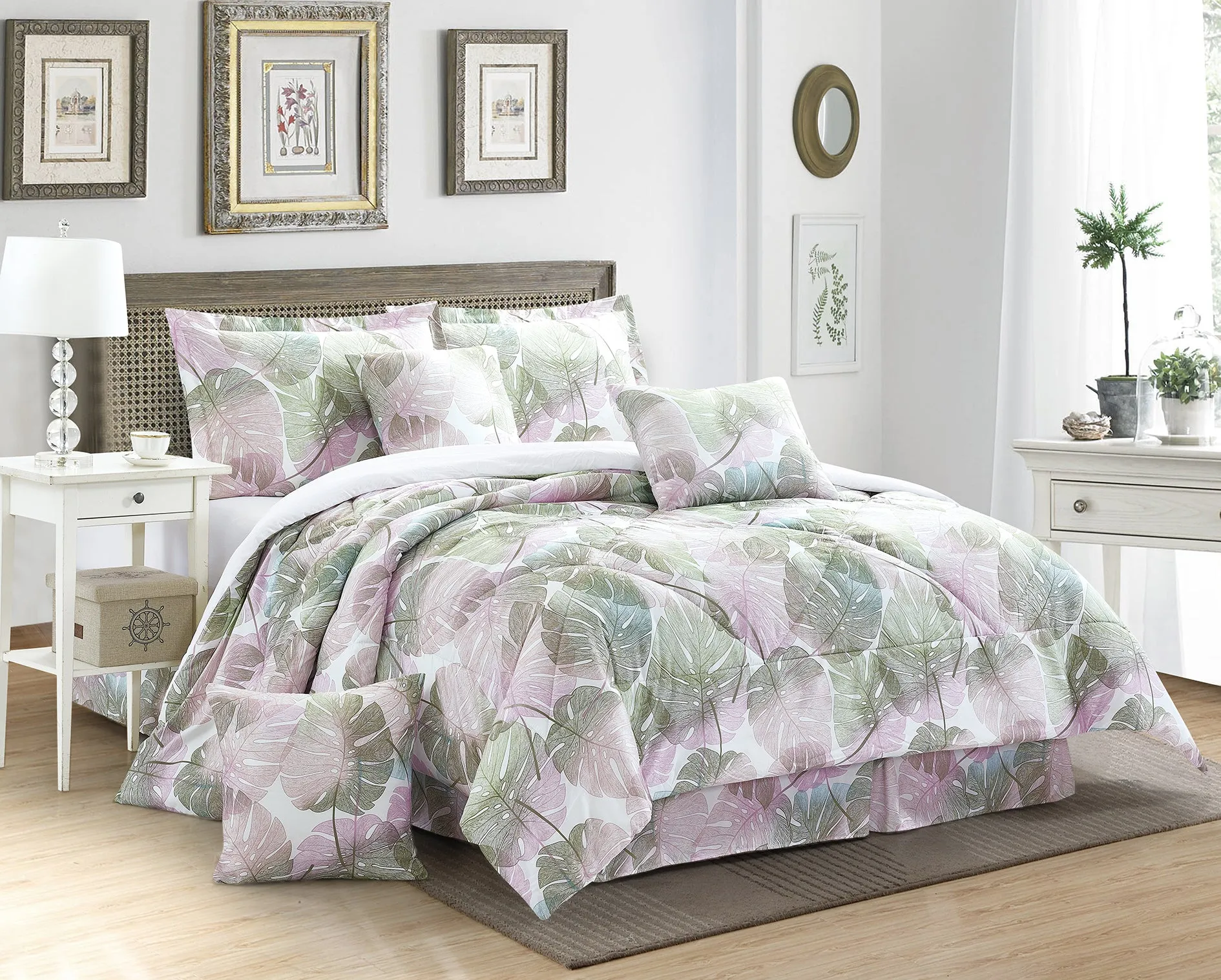 Floral Printed Bedspreads 7 Piece Comforter Set Bed Skirt Pillow Shams & Cushion Covers (A09)