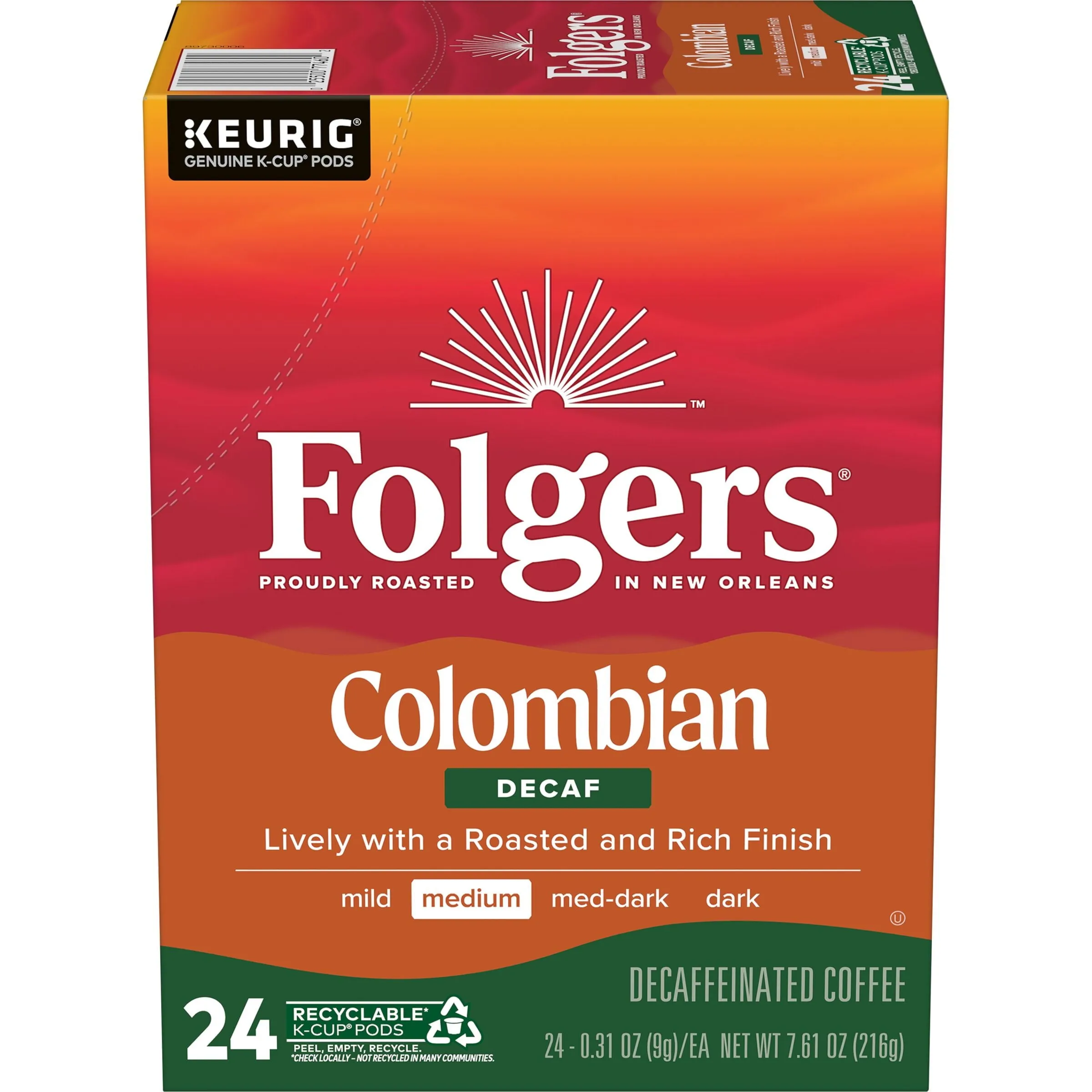 Folgers Colombian Decaffeinated Coffee, Medium Roast, Keurig K-Cup Brewers, 24 Count Box