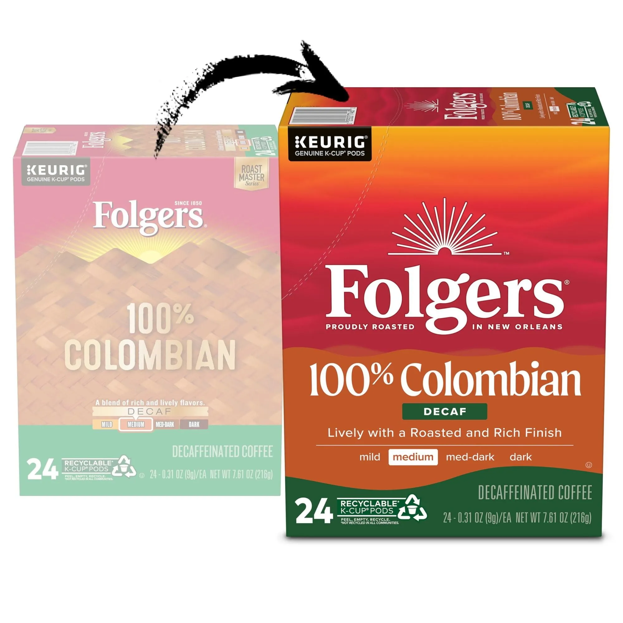 Folgers Colombian Decaffeinated Coffee, Medium Roast, Keurig K-Cup Brewers, 24 Count Box