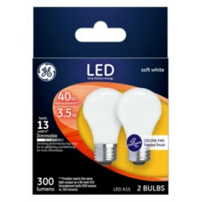 GE 25277 Medium-Base Frost A15 Dimmable LED Ceiling Fan Bulb, White, 3.5W, 2-Pk