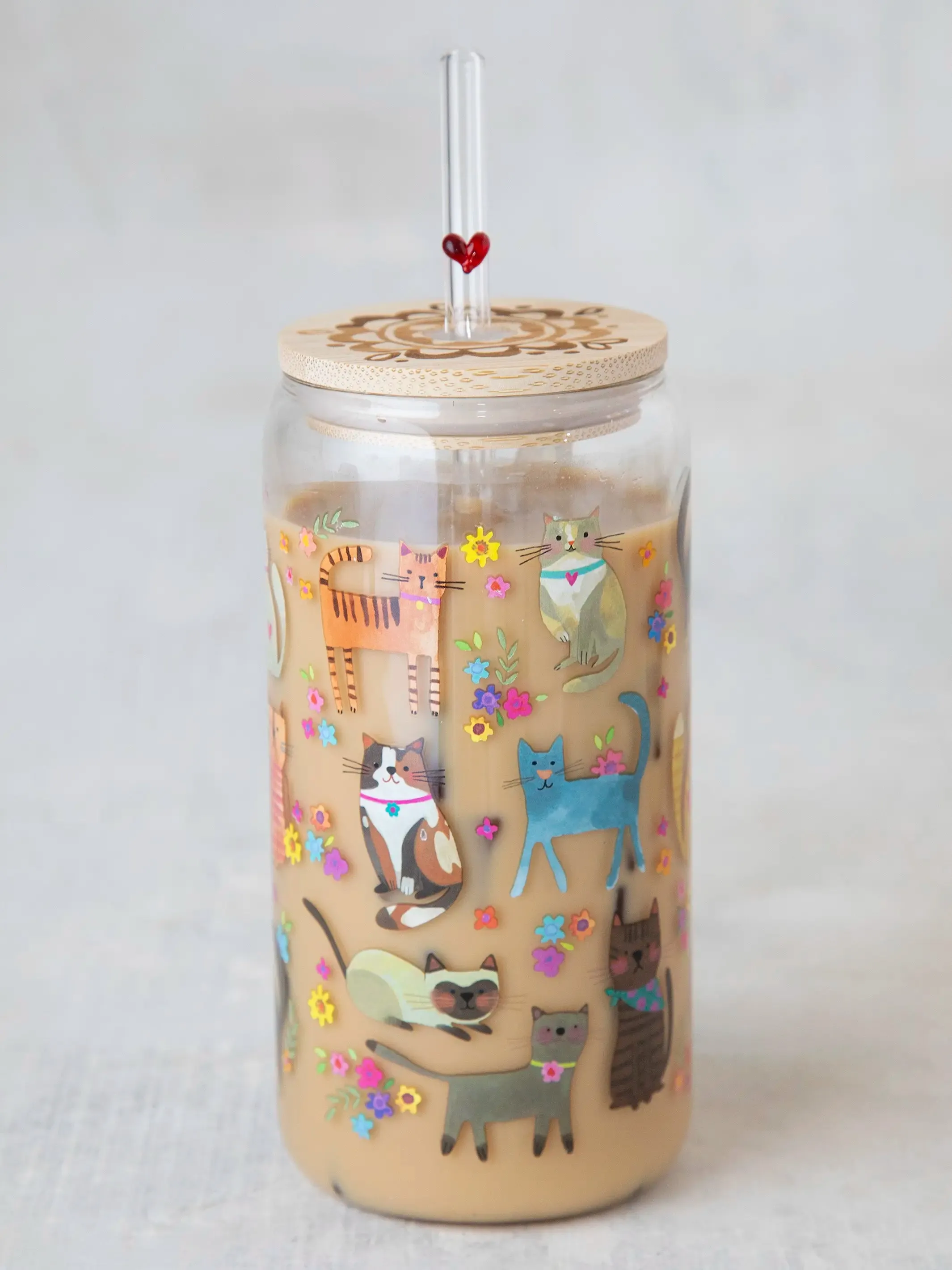 Glass Tumbler With Lid & Straw - Cat