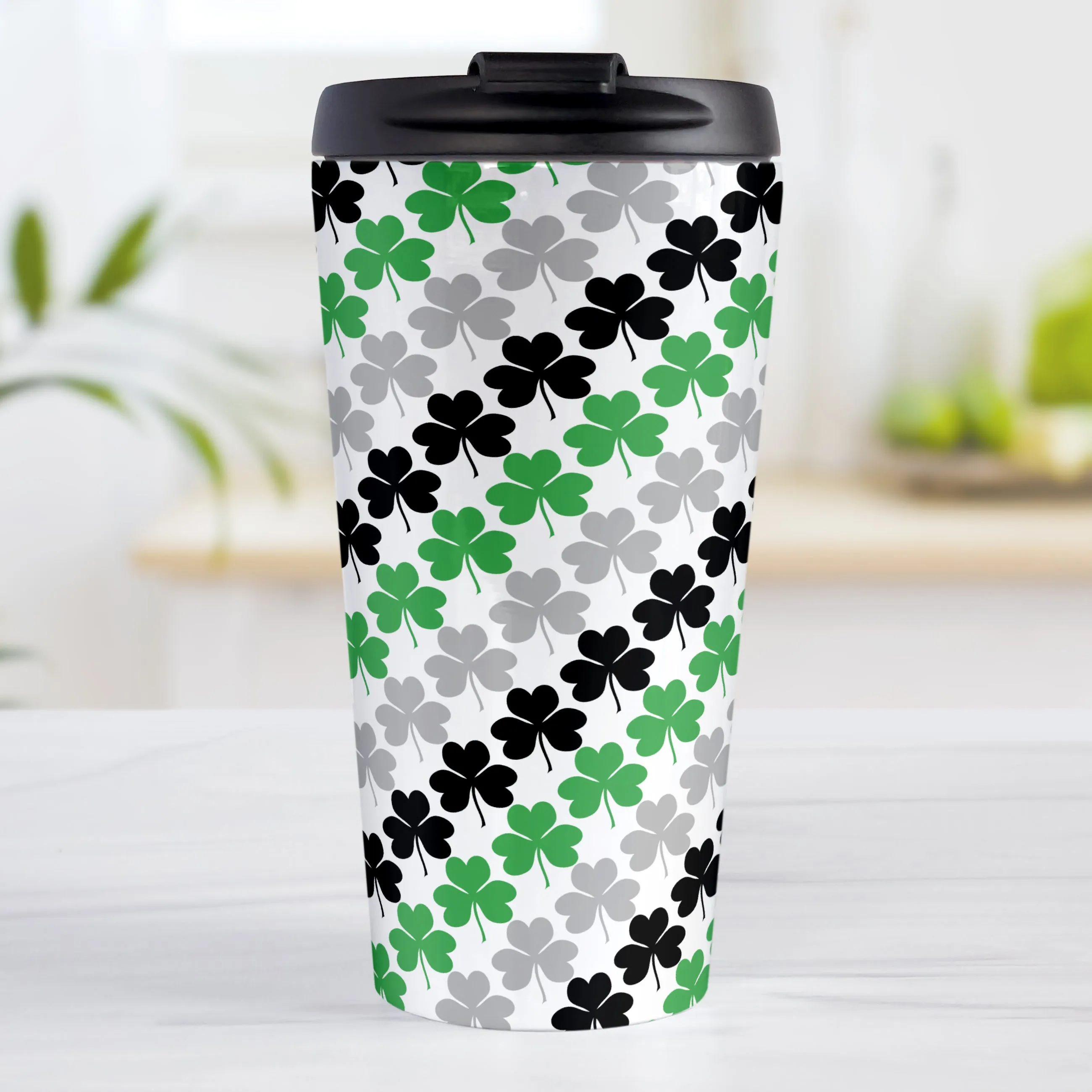 Green Black and Gray Clovers Travel Mug