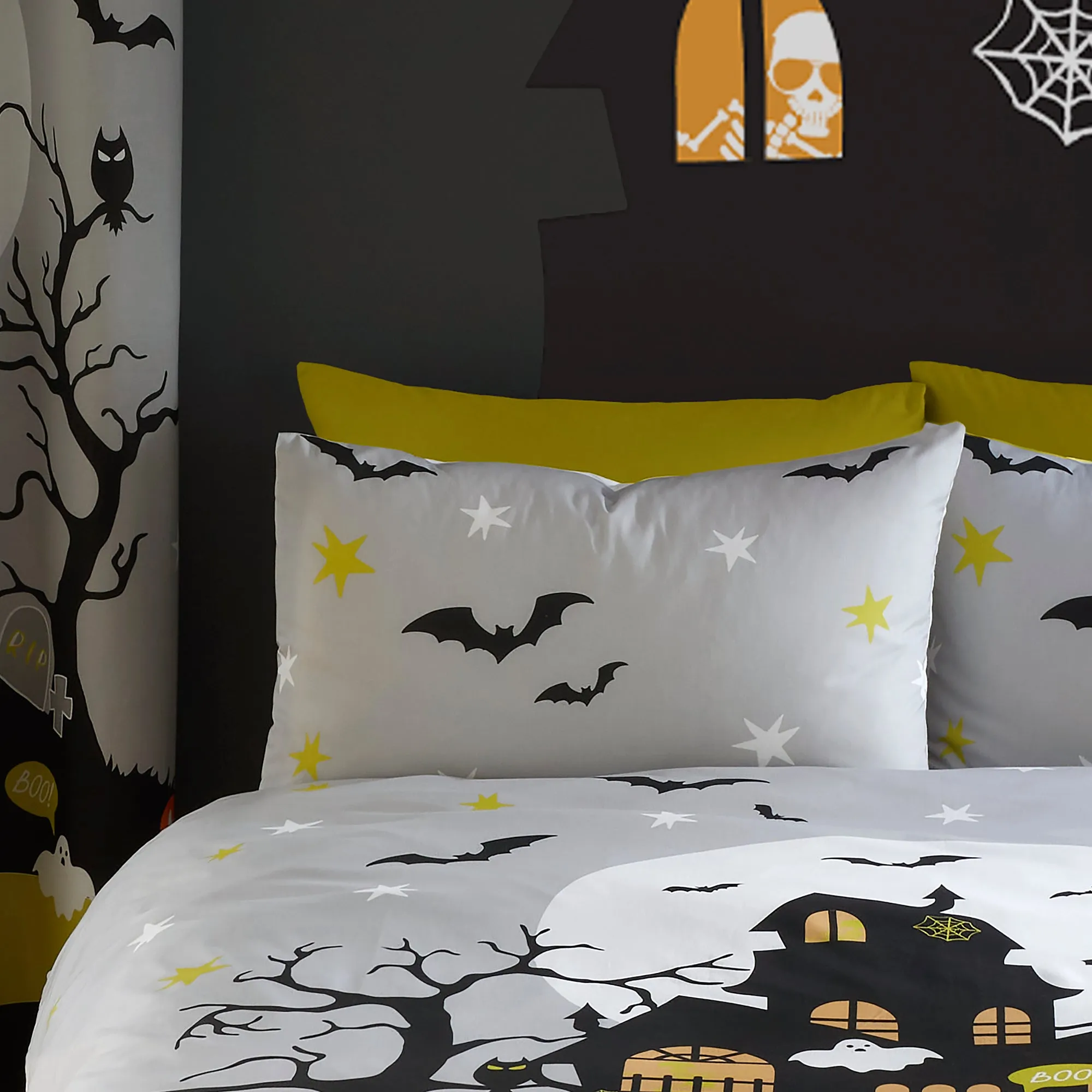 Halloween Haunted House Glow in the Dark Duvet Cover Set by Bedlam in Grey