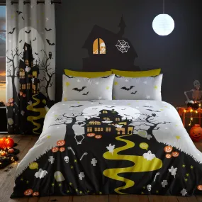 Halloween Haunted House Glow in the Dark Duvet Cover Set by Bedlam in Grey