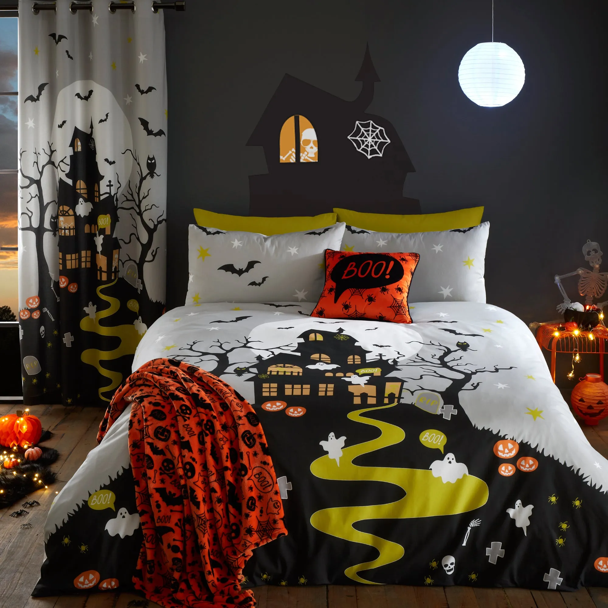 Halloween Haunted House Glow in the Dark Duvet Cover Set by Bedlam in Grey