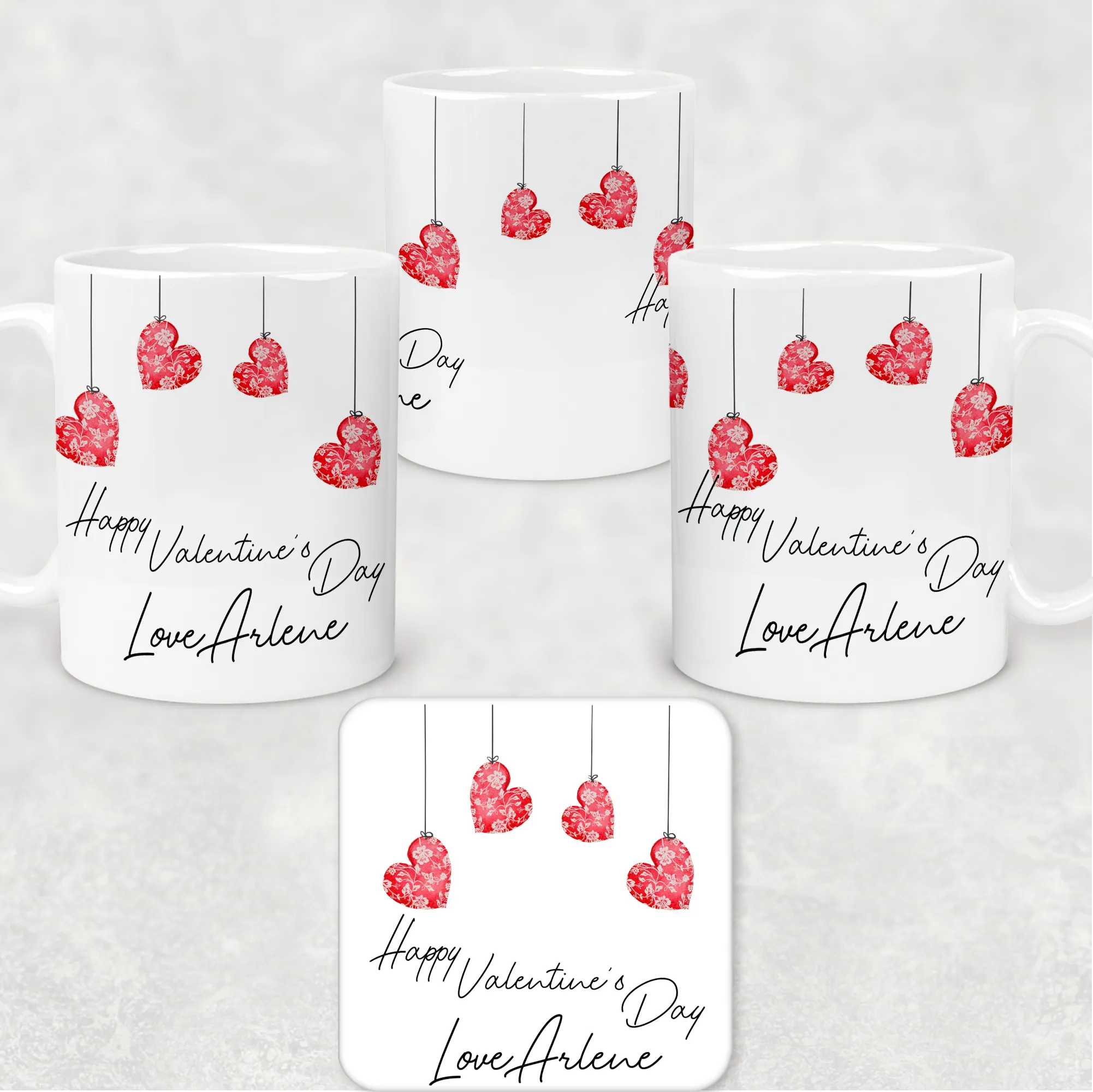 Hanging Hearts Valentine's Day Personalised Mug and Coaster Set