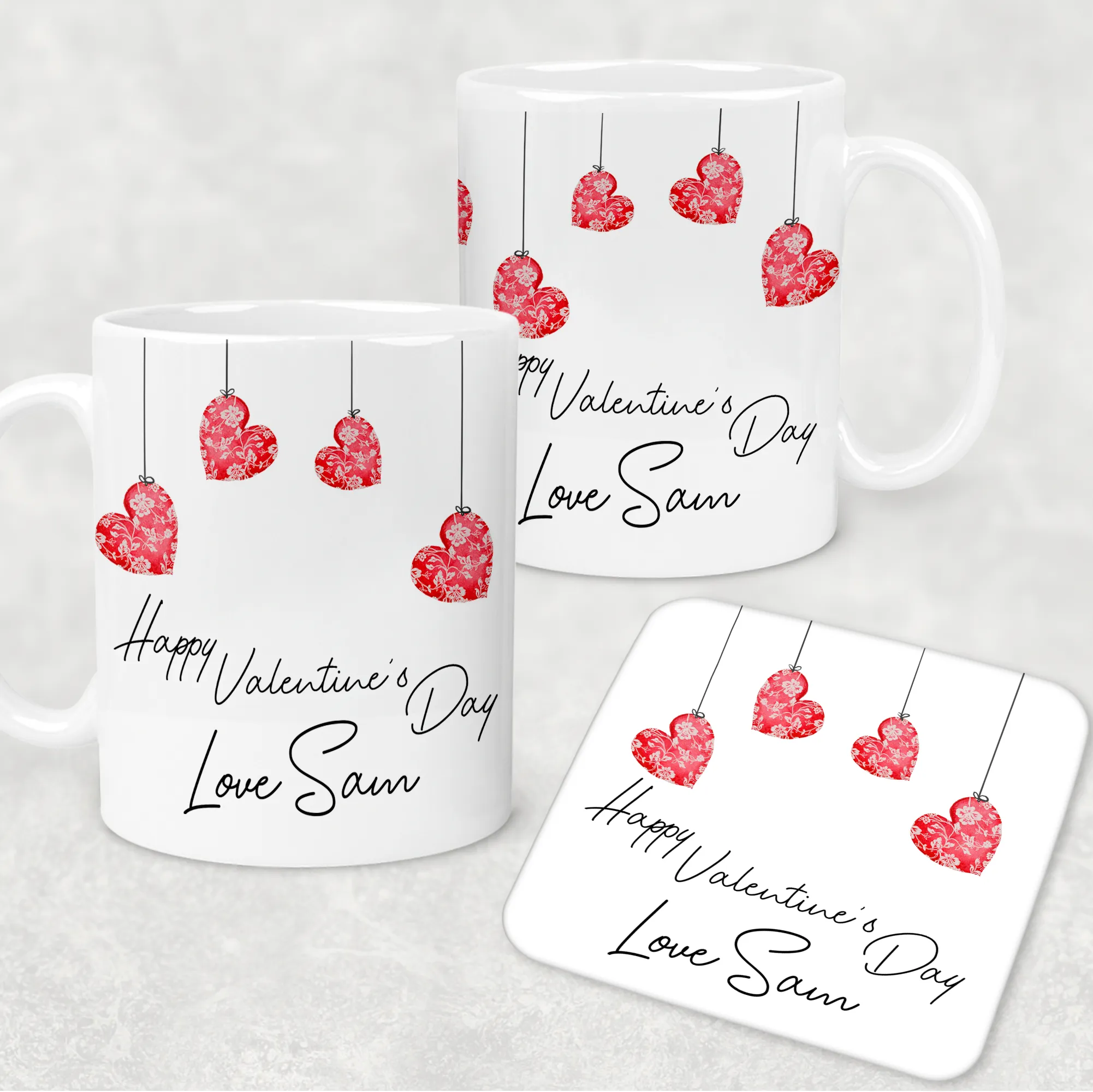 Hanging Hearts Valentine's Day Personalised Mug and Coaster Set