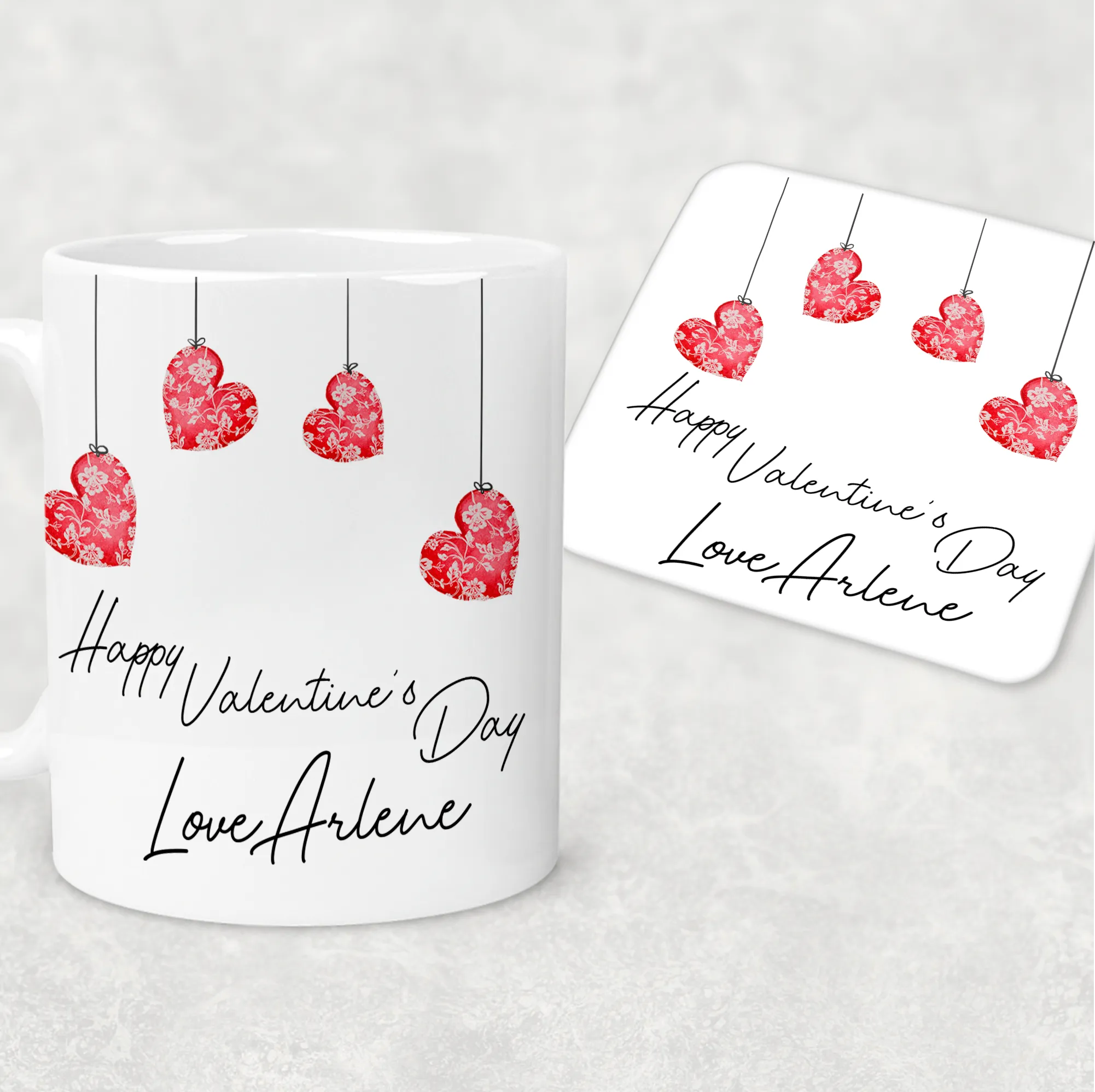 Hanging Hearts Valentine's Day Personalised Mug and Coaster Set