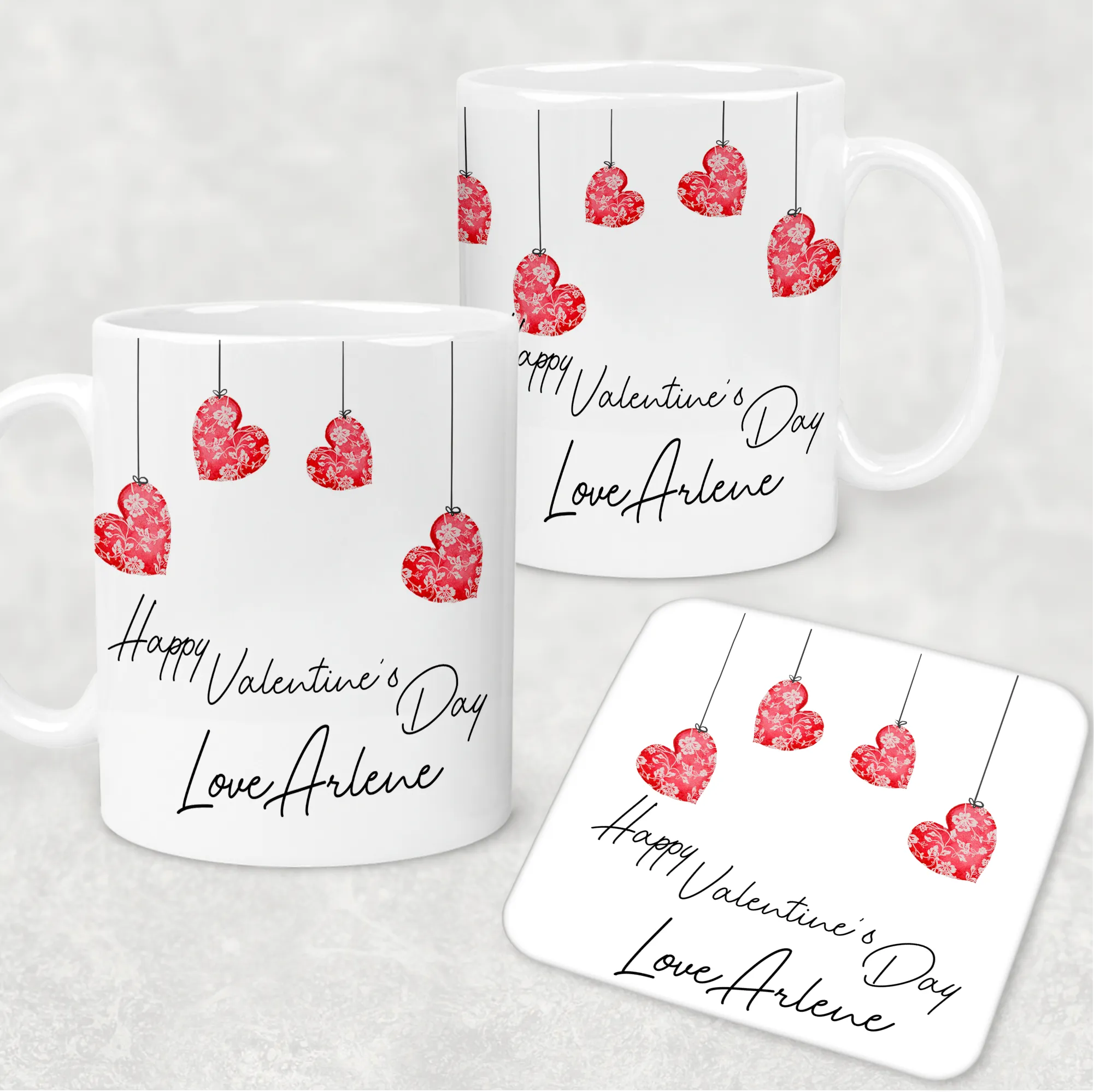 Hanging Hearts Valentine's Day Personalised Mug and Coaster Set