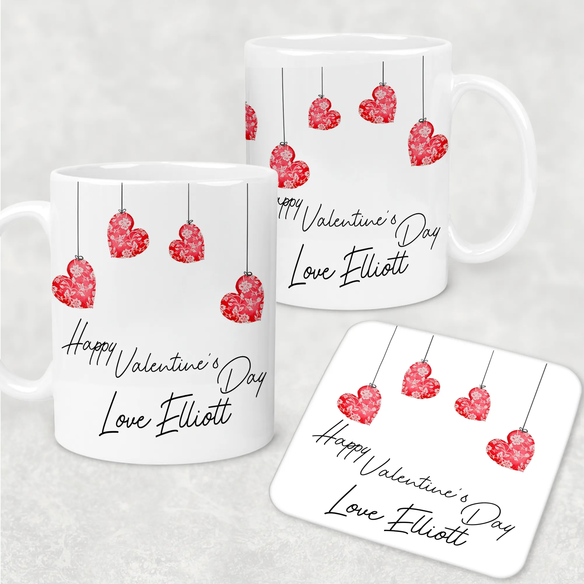 Hanging Hearts Valentine's Day Personalised Mug and Coaster Set