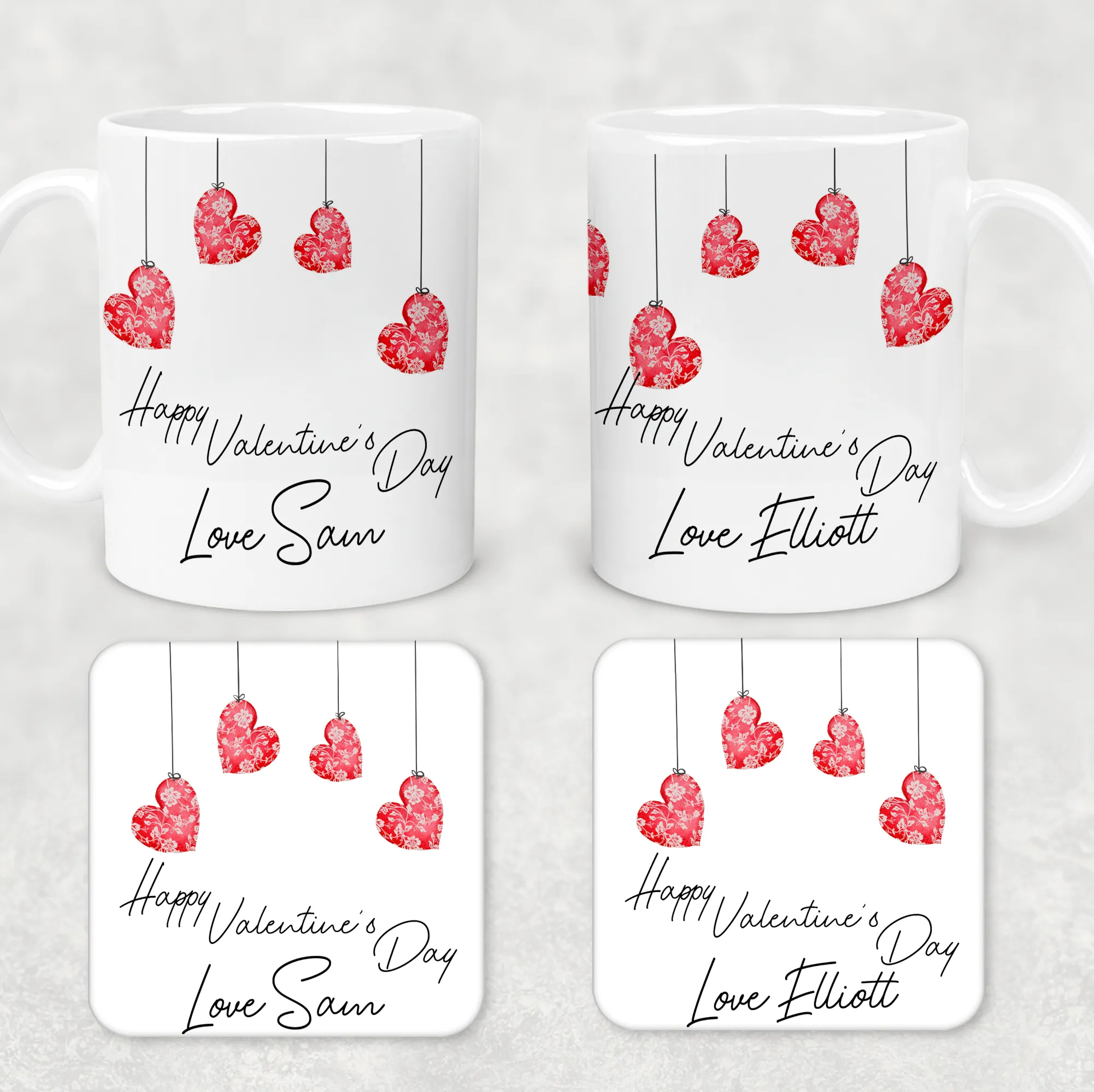 Hanging Hearts Valentine's Day Personalised Mug and Coaster Set