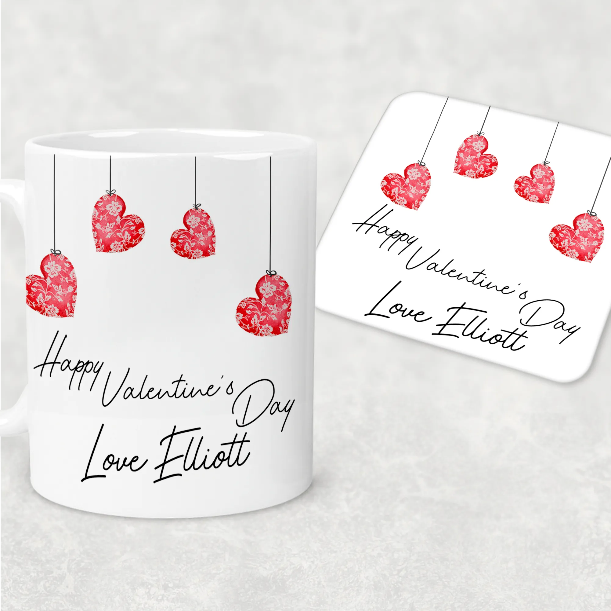 Hanging Hearts Valentine's Day Personalised Mug and Coaster Set