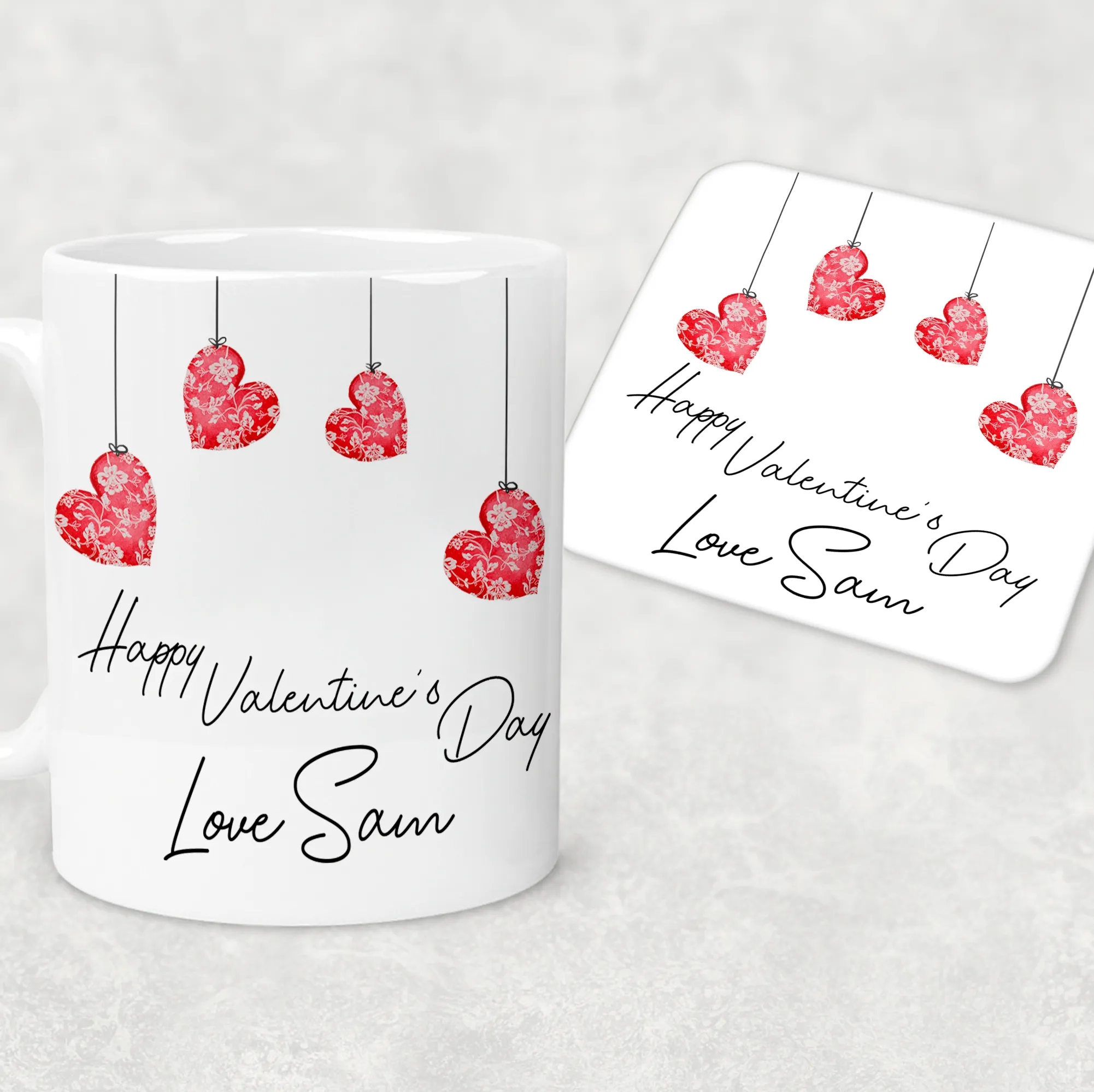 Hanging Hearts Valentine's Day Personalised Mug and Coaster Set