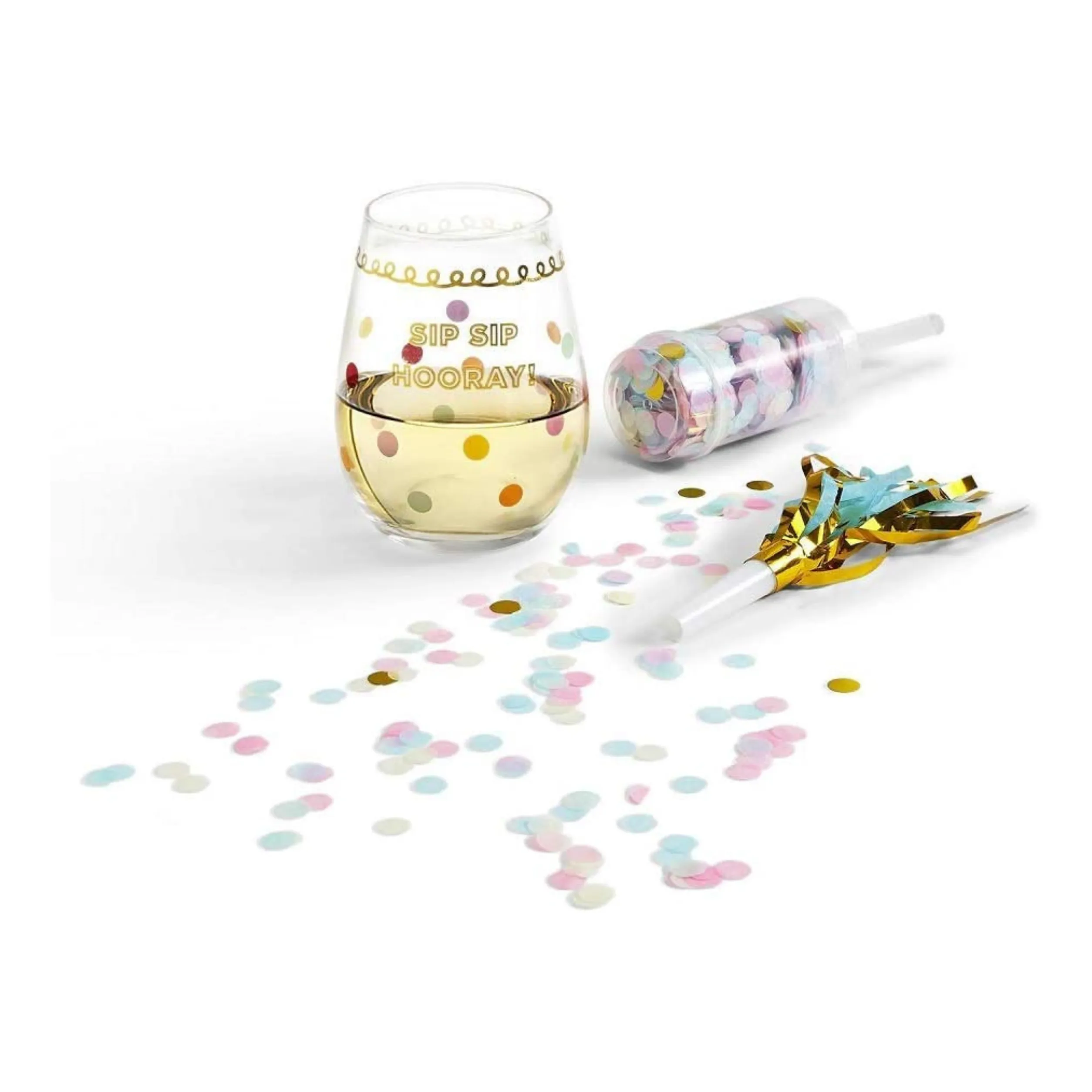 Happy Birthday Stemless Glass w/ Confetti Popper & Noise Maker