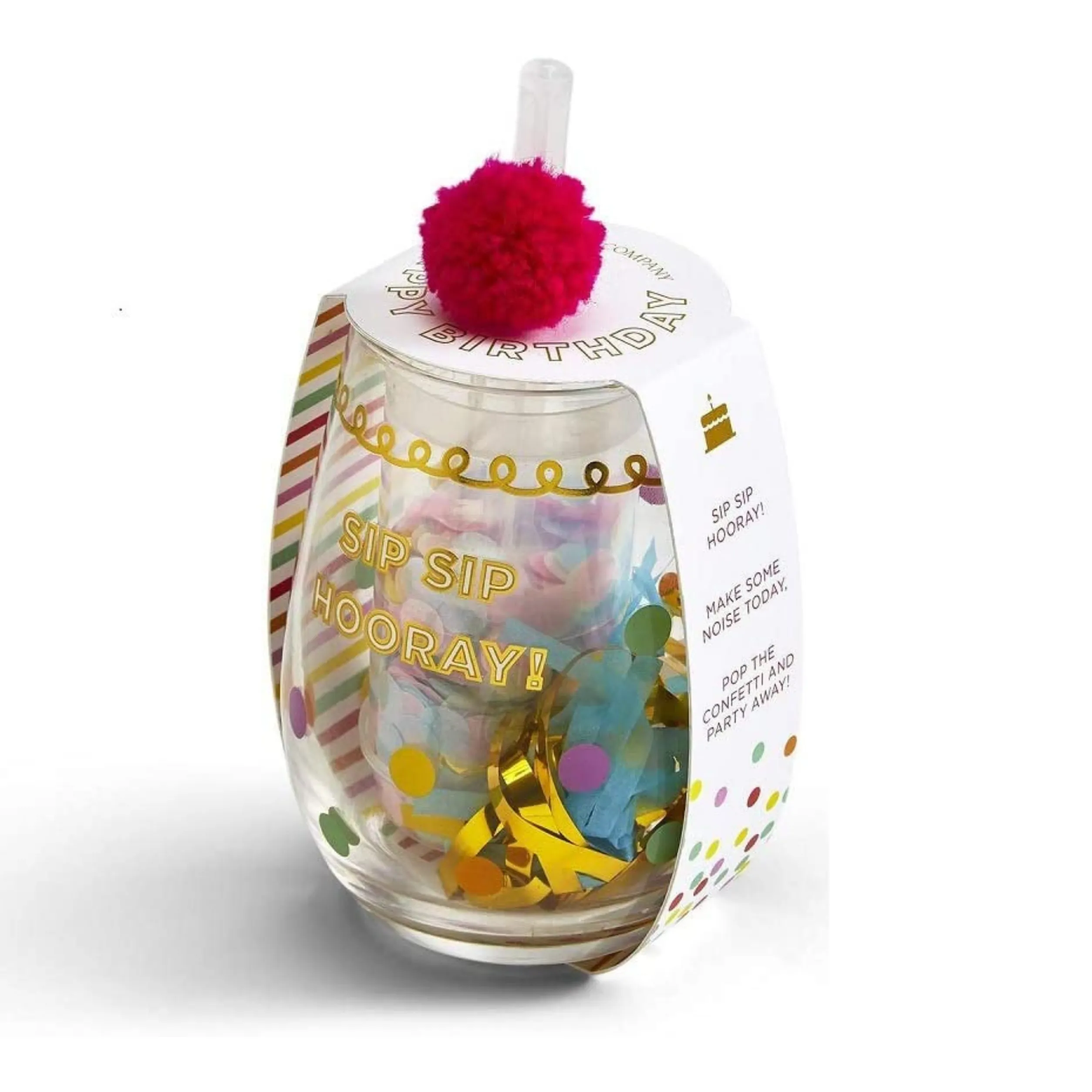 Happy Birthday Stemless Glass w/ Confetti Popper & Noise Maker