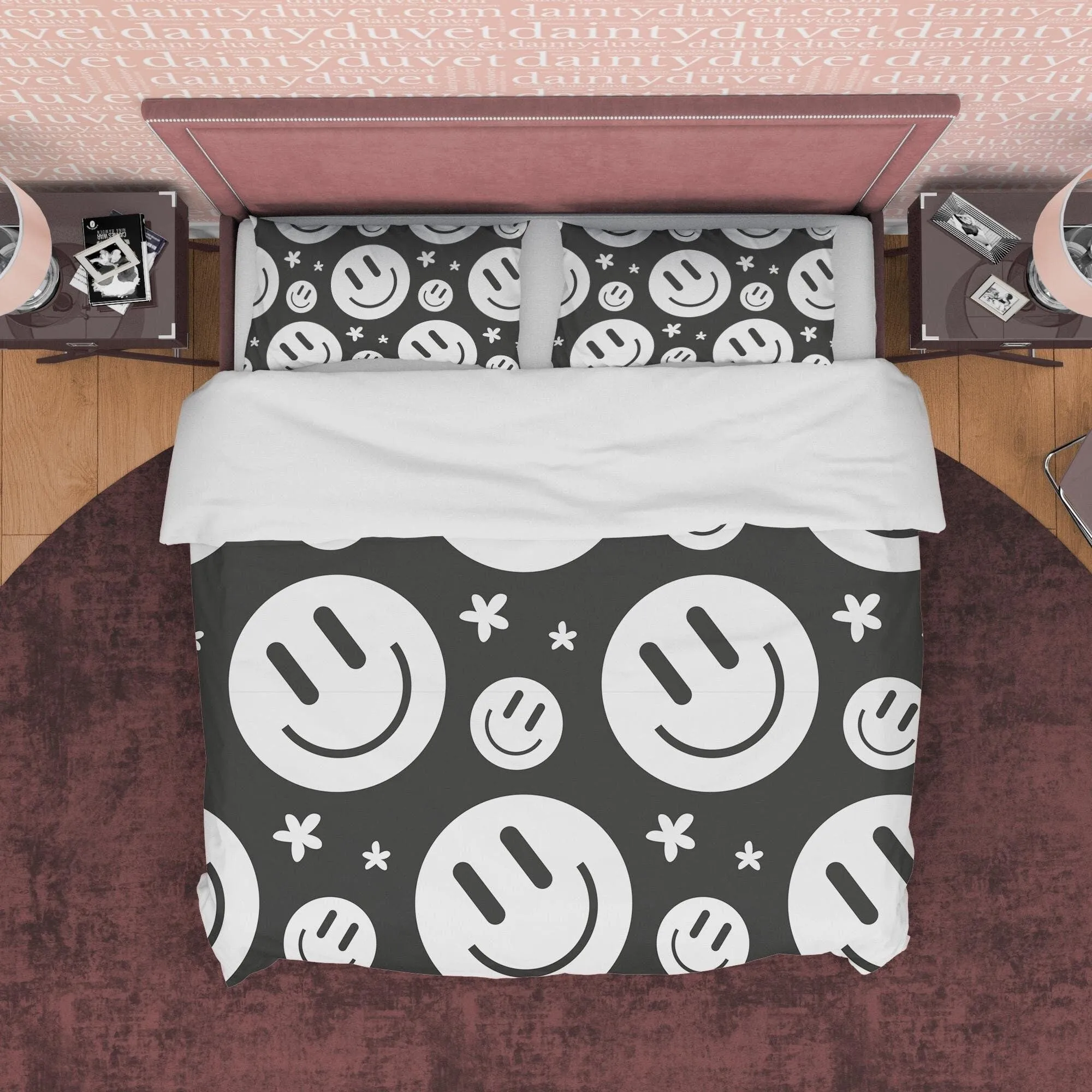 Happy Face Black and White Duvet Cover Set, Smile Emoji Blanket Cover Retro Printed Bedding Set, 90s Nostalgia Quilt Cover, Groovy Bedspread