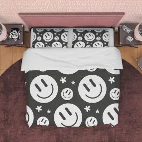 Happy Face Black and White Duvet Cover Set, Smile Emoji Blanket Cover Retro Printed Bedding Set, 90s Nostalgia Quilt Cover, Groovy Bedspread