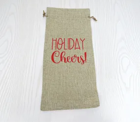 Holiday Cheers Merry Christmas Gift Wine Bag - Housewarming Party Decorations - Burlap Drawstring Wine Bag - Mr & Mrs - Holiday Tote Bag