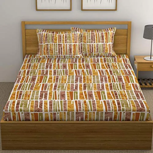 HUESLAND by Ahmedabad Cotton 144 TC Cotton King Size Bedsheet with 2 Pillow Covers - Orange, Green & Brown(9ft x 9ft)