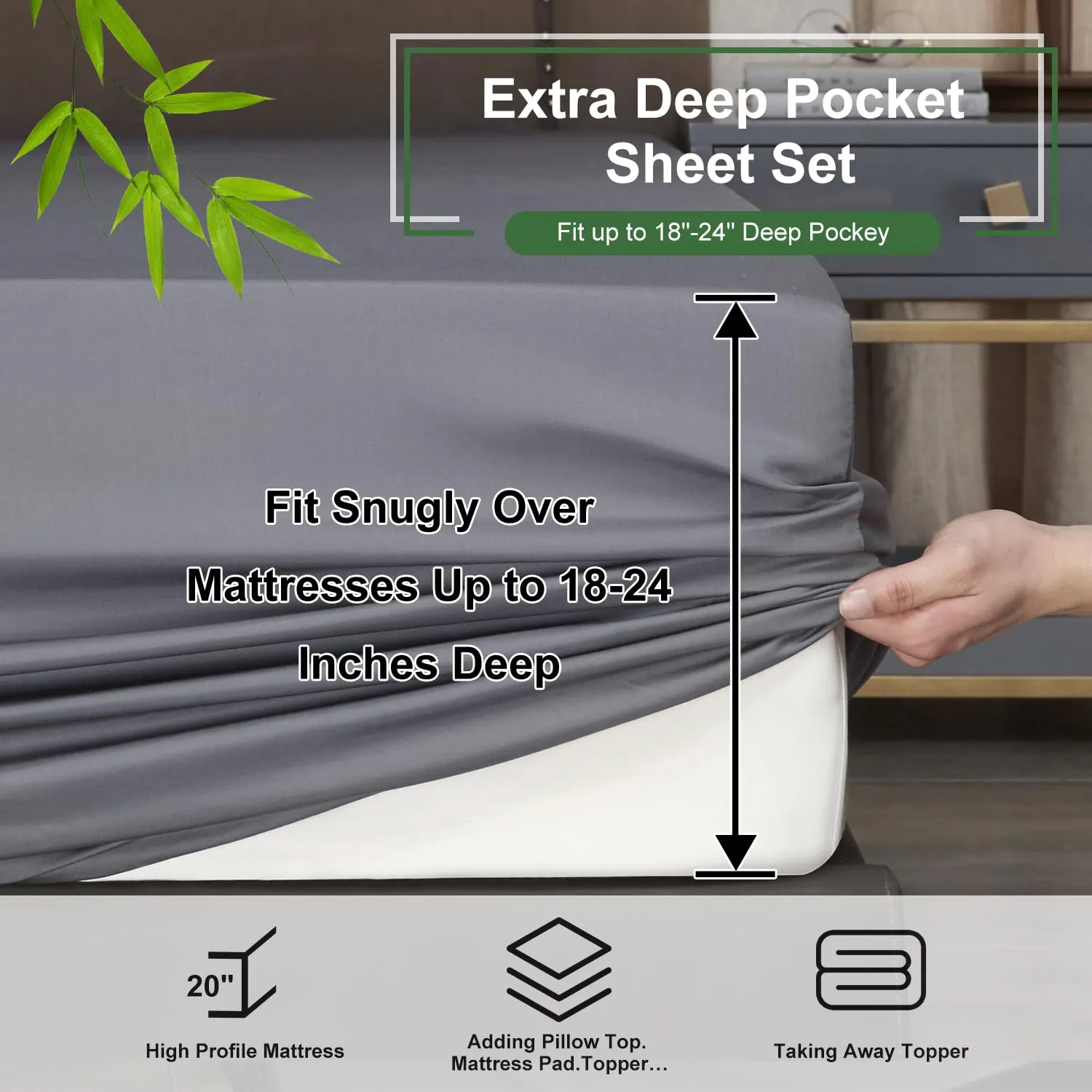 Ivellow Deep Pocket Queen Sheets, Rayon Derived from Bamboo, Extra Deep Pocket up to 18"-24", Hotel Luxury Cooling Sheets for Queen Size Bed, Silky Soft, Smooth, Breathable Bed Sheets Grey