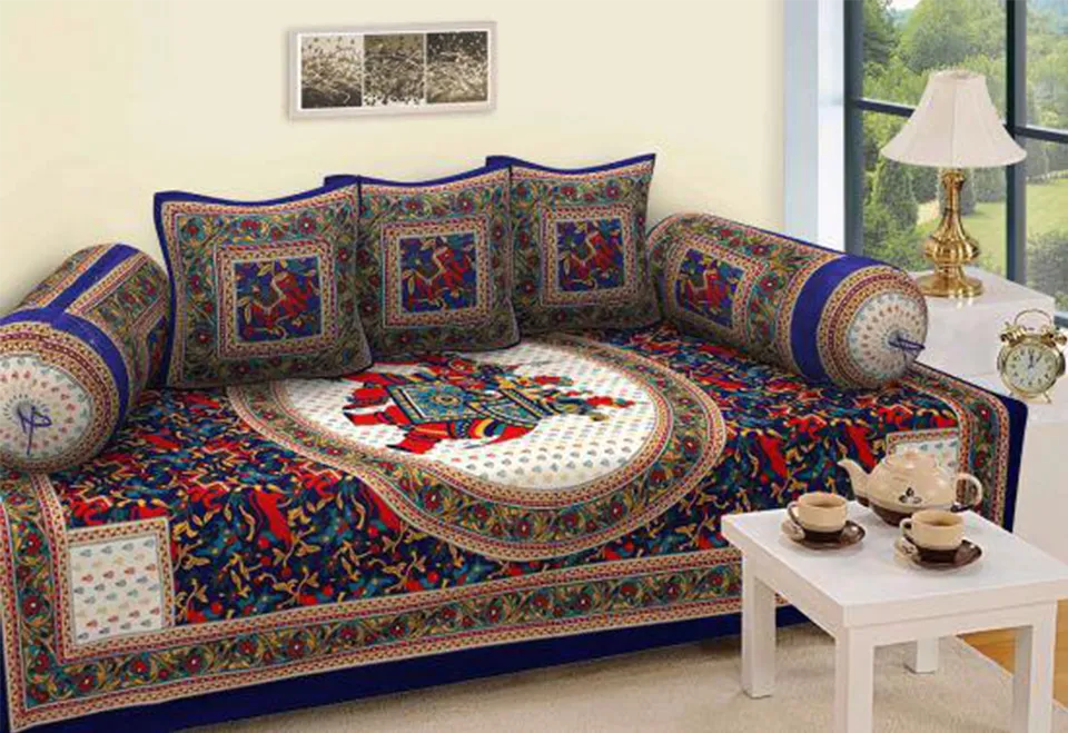 Jaipuri Design Single Bedsheet ( 100% cotton, 6pc set, Diwan set )