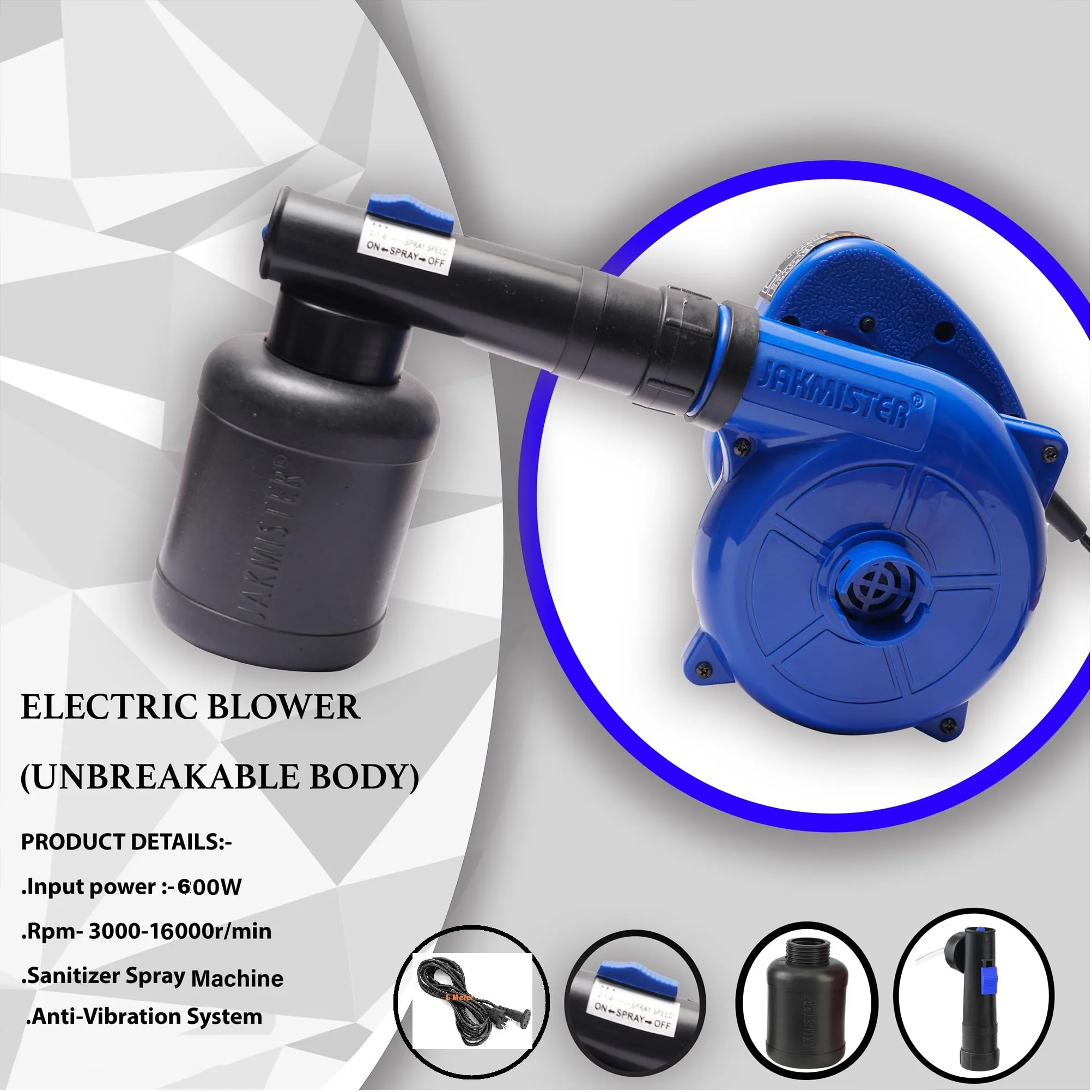 Jakmister 600W   6M Extension Wire -Water Blower   Vacuum Cleaner  Paint Sprayer   Air Blower Machine