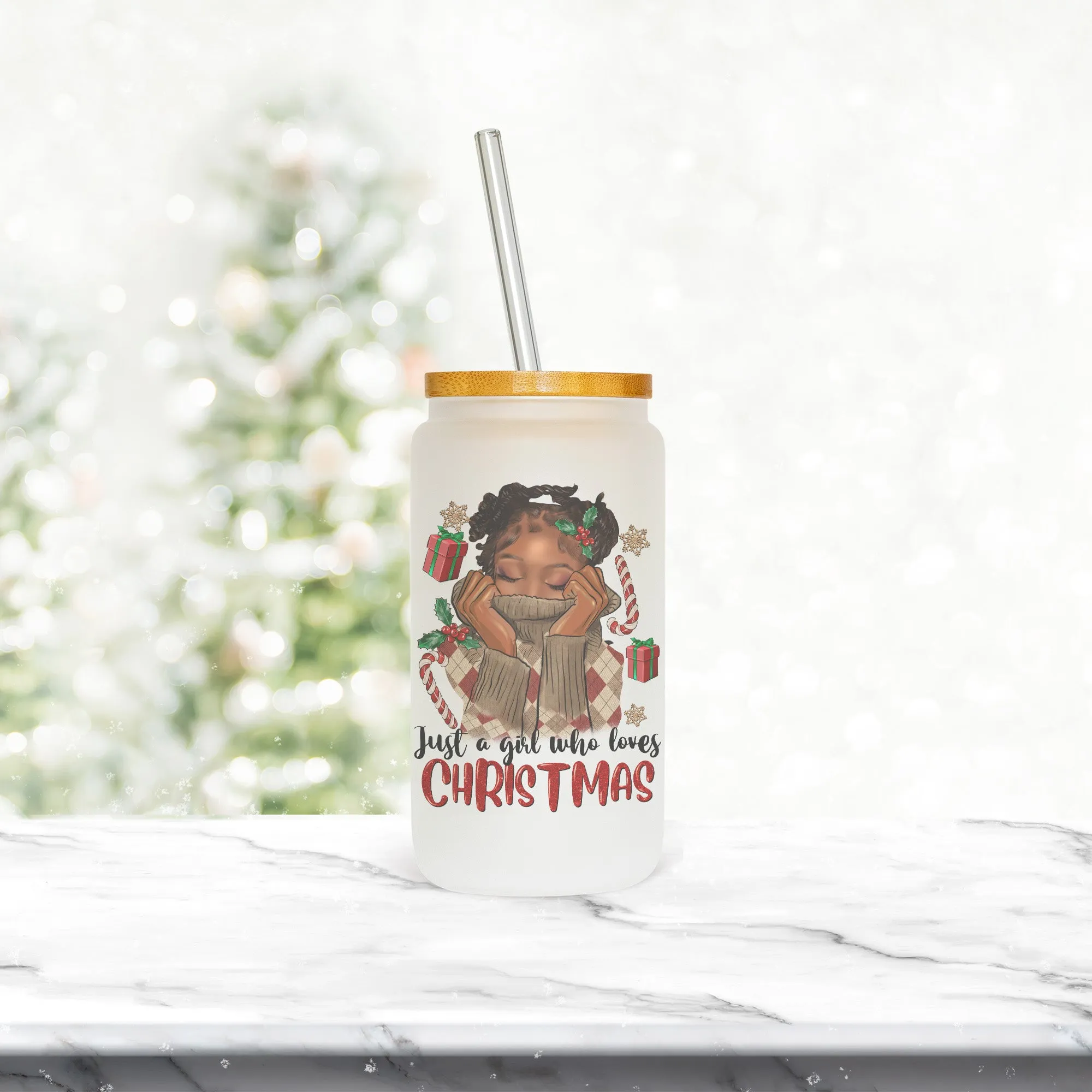 Just a Girl Who Loves Christmas Glass Can Tumbler, with Black Girl w Braided Hair Style - 16oz w Lid & Straw