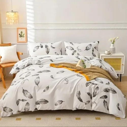 King size 6 piece duvet cover set, white bed linen with gray feathers.