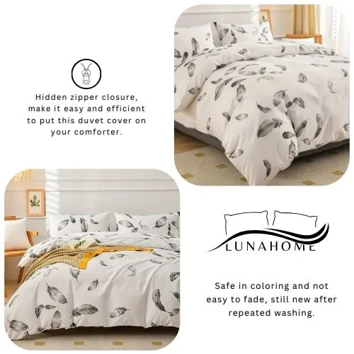 King size 6 piece duvet cover set, white bed linen with gray feathers.