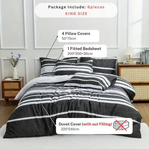 King Size 6 pieces, Black Stripe Design Bedding set.