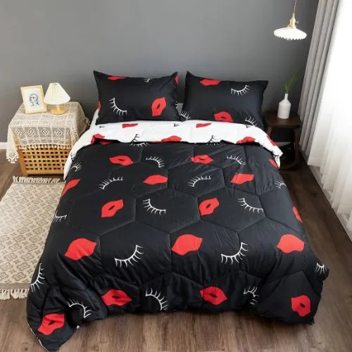 King Size Comforter Set Of 4 Pieces, Red Lips Design Black Color