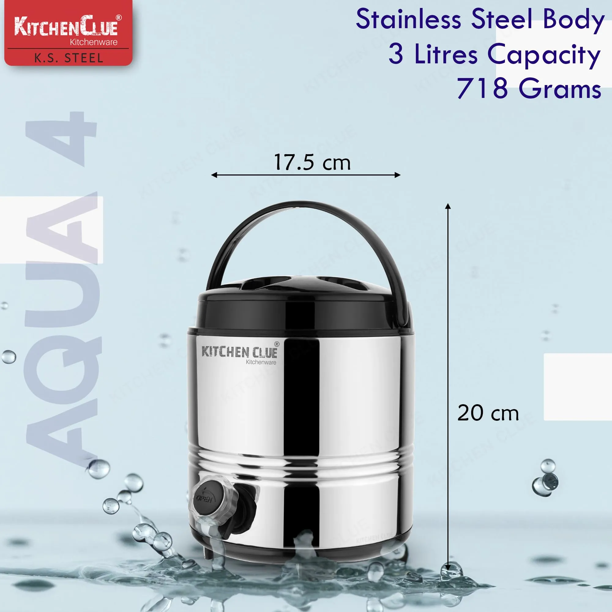 Kitchen Clue Stainless Steel Hot Tea Flask 3 Liter for Kitchen Office I Winter Edition I Aqua-4 I HOT & Cold Upto 4-5 Hrs I Lightweight & Easy to Carry I Ideal for Water/Tea/Coffee